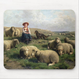 Shepherdess med får i en landskap musmatta