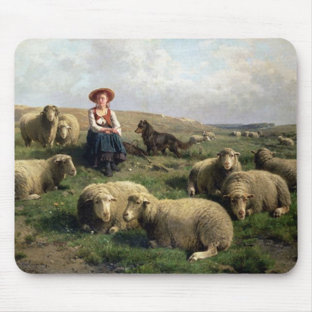 Shepherdess med får i en landskap musmatta (Framsidan)