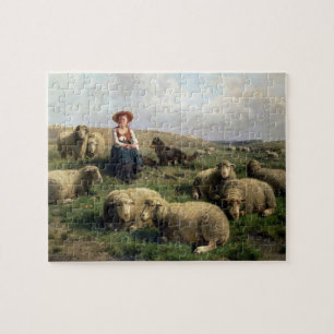 Shepherdess med får i en landskap pussel