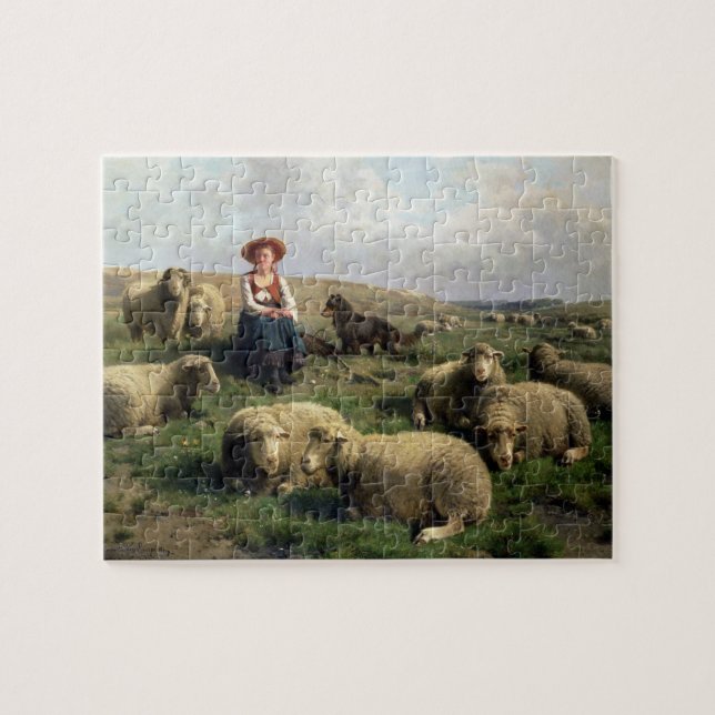Shepherdess med får i en landskap pussel (Horisontell)