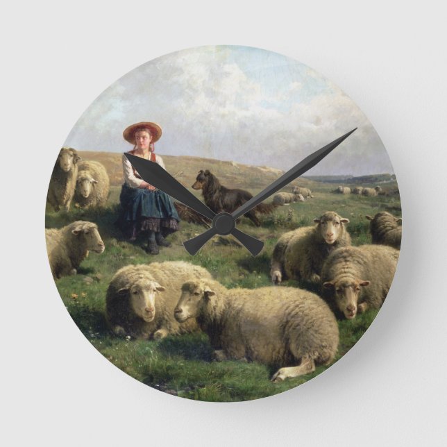 Shepherdess med får i en landskap rund klocka (Framsida)