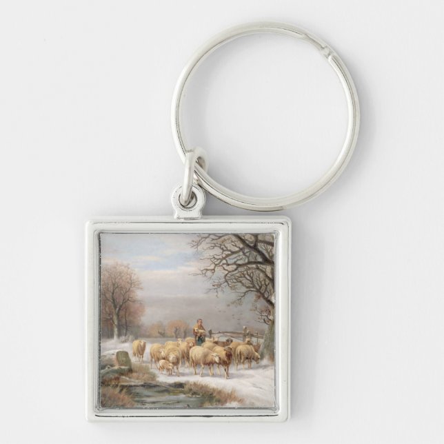 Shepherdessen med henne flocken i en vinter fyrkantig silverfärgad nyckelring (Framsidan)