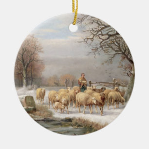 Shepherdessen med henne flocken i en vinter julgransprydnad keramik