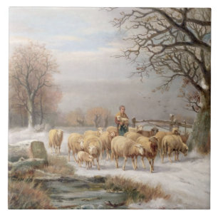 Shepherdessen med henne flocken i en vinter kakelplatta