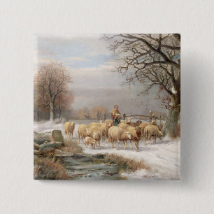 Shepherdessen med henne flocken i en vinter knapp