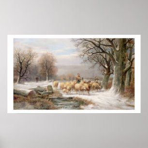Shepherdessen med henne flocken i en vinter poster