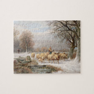 Shepherdessen med henne flocken i en vinter pussel