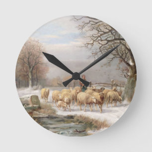 Shepherdessen med henne flocken i en vinter rund klocka