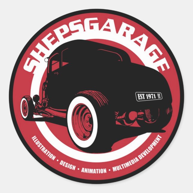 Shepsgarage Sticker Runt Klistermärke (Framsida)
