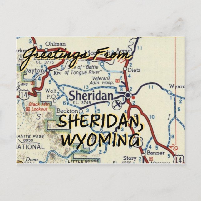 Sheridan WY Vintage Karta Vykort (Framsida)