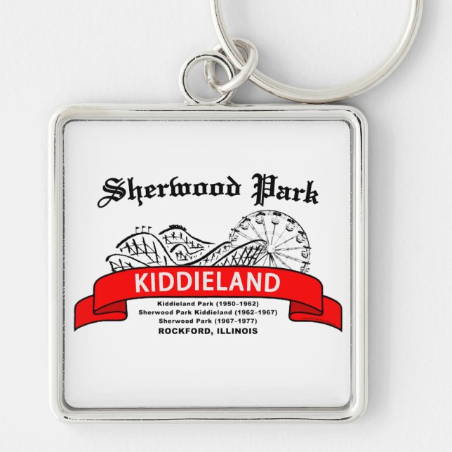 Sherwood Park Kiddieland, Rockford, IL. Amusans Fyrkantig Silverfärgad Nyckelring (Framsidan)