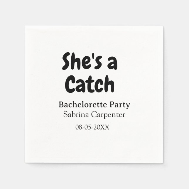 She's a catch bachelorette party name date simple  pappersservett (Framsidan)