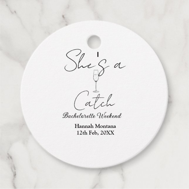 She's a catch champagne bottle bachelorette weeken gåvor etiketter (Framsida)