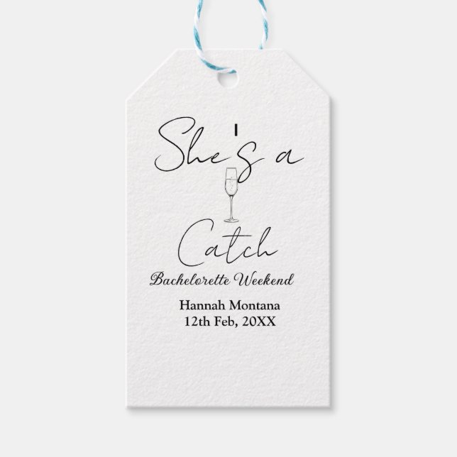 She's a catch champagne bottle bachelorette weeken presentetikett (Framsidan)