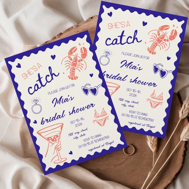 She's a catch Lobster Hand Drawn Bridal Shower Inbjudningar (She's a catch lobster bridal shower invitation hand drawn unique whimsical coastal nautical beach)