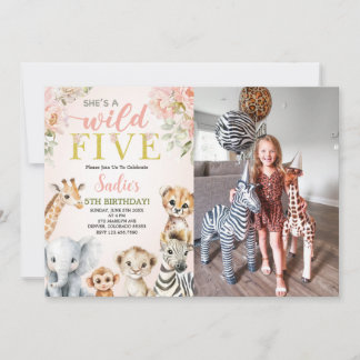She's a Wild Five Floral Safari Birthday Photo Inbjudningar