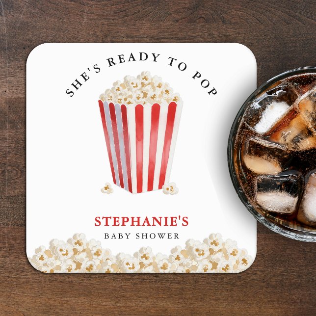 She's Ready To Pop Baby Shower Popcorn Underlägg Papper Kvadrat (She's Ready To Pop Baby Shower Popcorn Square Paper Coaster
)