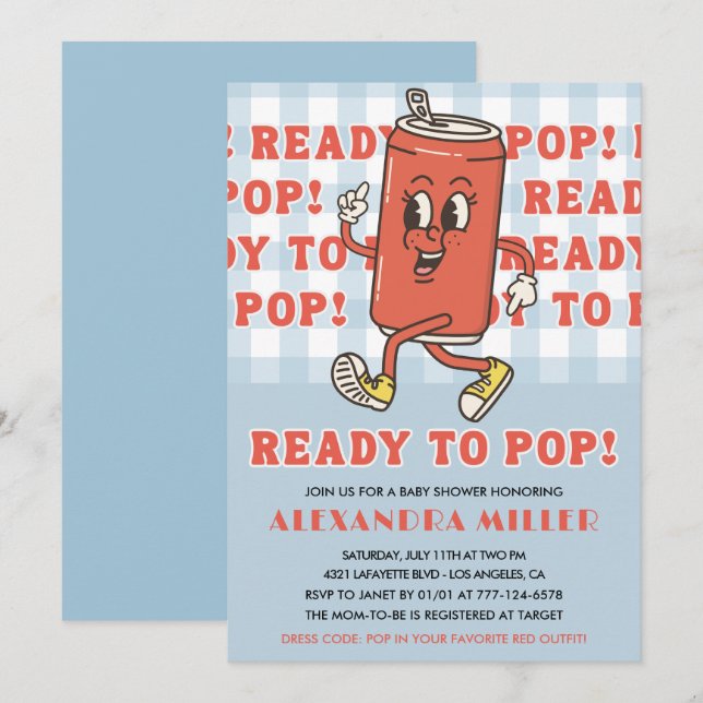 She's Ready to Pop Baby Shower Retro Blue Gingham Inbjudningar (Fram/baksida)