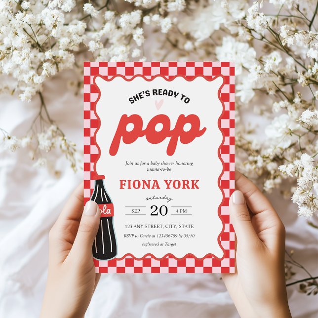 She's Ready to Pop Retro Soda Red Pink Baby Shower Inbjudningar (She's Ready to Pop Baby Shower Invitation)