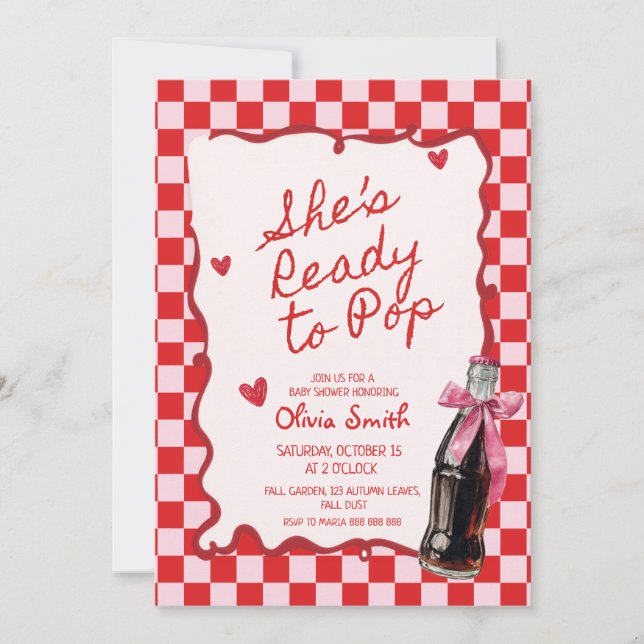  She's Ready to Pop Soda pink & red Baby Shower  Inbjudningar (Framsida)