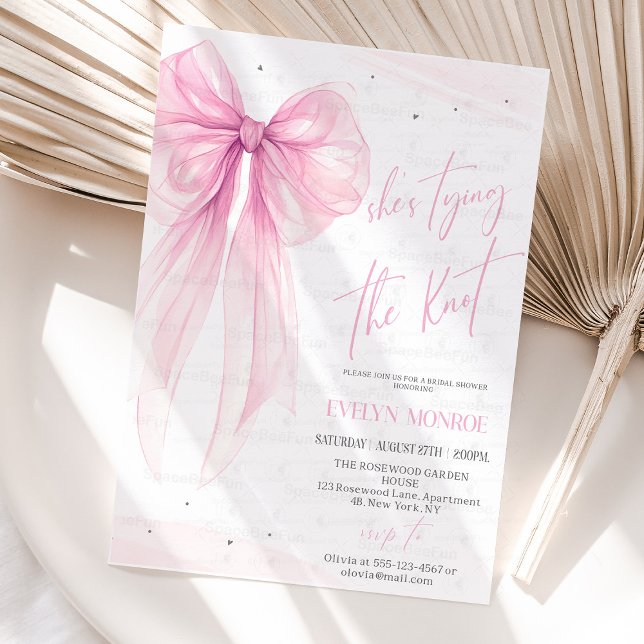 She's tying the knot Bridal shower Bow pink Inbjudningar (She's tying the knot Bridal shower invitation Editable Bachelorette Party Invite Bow Modern Brunch P)