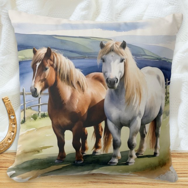 Shetland Ponies Animals Natur Equine Watercolor Kudde (A throw pillow with illustration of two Shetland ponies in a field in a watercolor style)