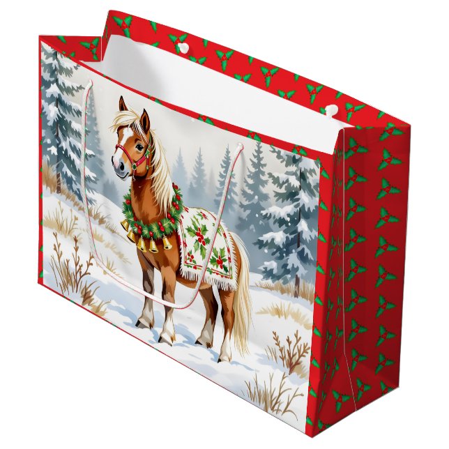 Shetland Pony och Holly God Jul Medium Gift Bag (Framsidan Vinklad)