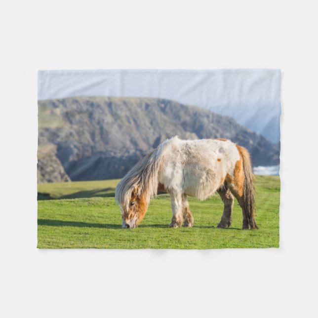 Shetland Pony på betesmark nära höga klippor Fleecefilt (Framsidan (Horisontell))