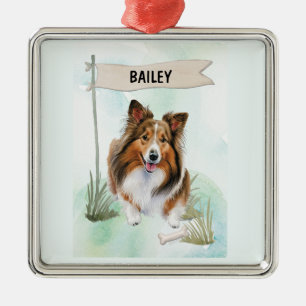 Shetland Sheepdog Akvarell Personlig Hund Julgransprydnad Metall