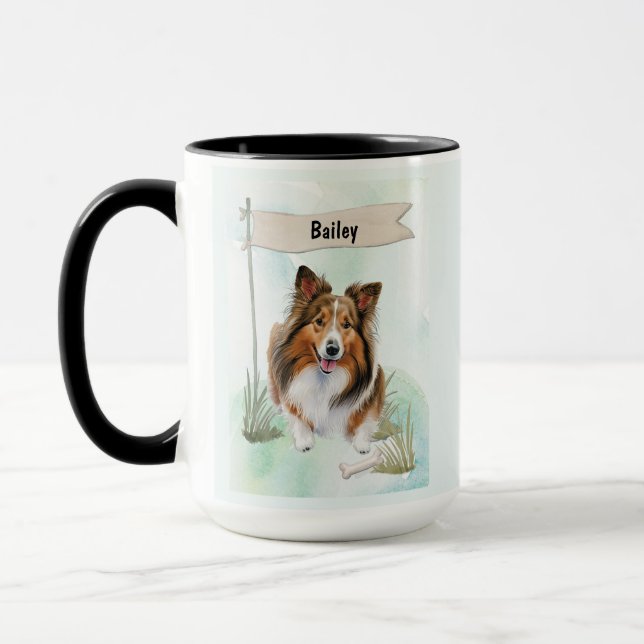 Shetland Sheepdog Akvarell Personlig Hund Mugg (Vänster)