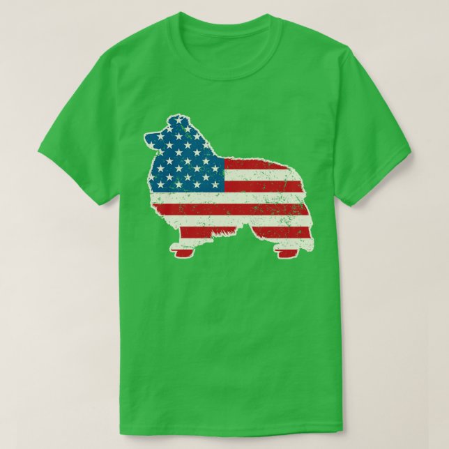 Shetland Sheepdog American Flagga 4:e juli för mig T Shirt (Design framsida)