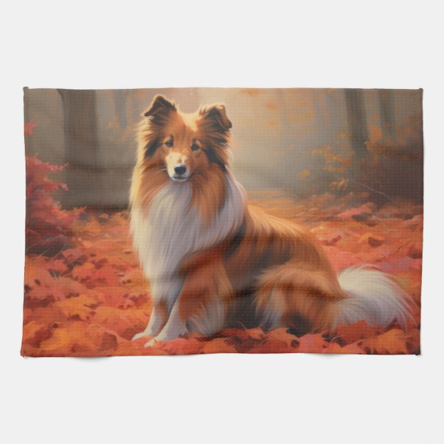 Shetland Sheepdog bland höstlöv Fall Inspire Kökshandduk (Horisontell)