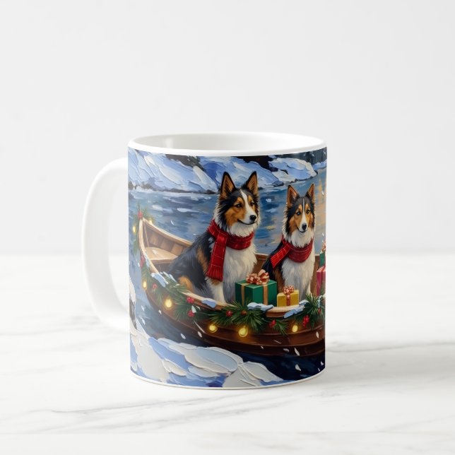 Shetland Sheepdog Christmas Boat Holiday Kaffemugg (Framsida vänster)