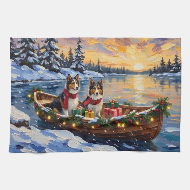 Shetland Sheepdog Christmas Boat Holiday Kökshandduk (Horisontell)