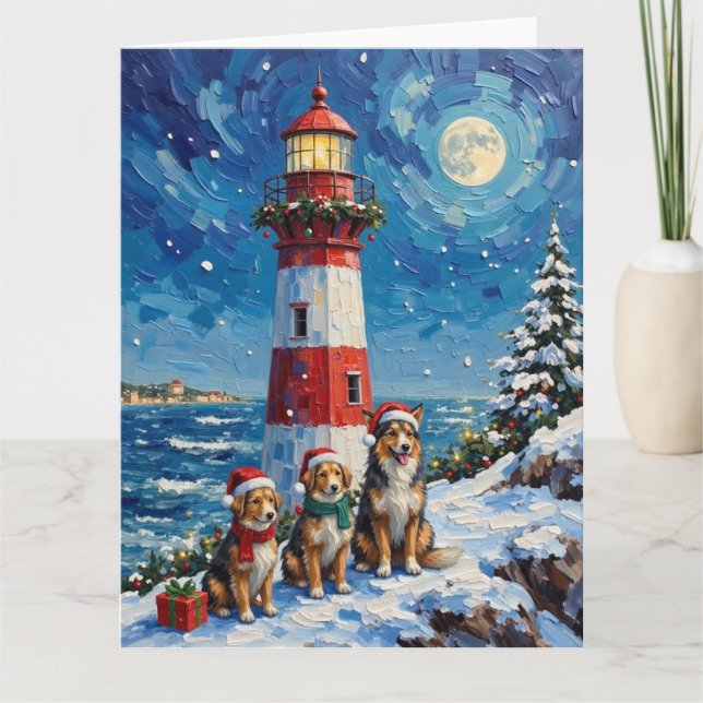 Shetland Sheepdog Christmas Lighthouse Holiday Kort (Framsida)
