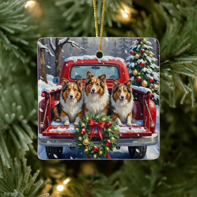 Shetland Sheepdog Christmas Red Truck Holiday Julgransprydnad Keramik (Träd)