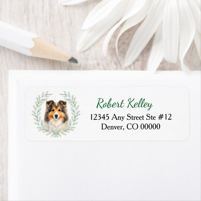 Shetland Sheepdog Eukalyptusbladskrans Returadress Etikett (Insitu)
