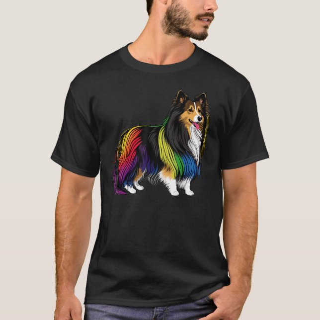 Shetland Sheepdog Gay Pride LGBT Rainbow Flag Shel T Shirt (Framsida)
