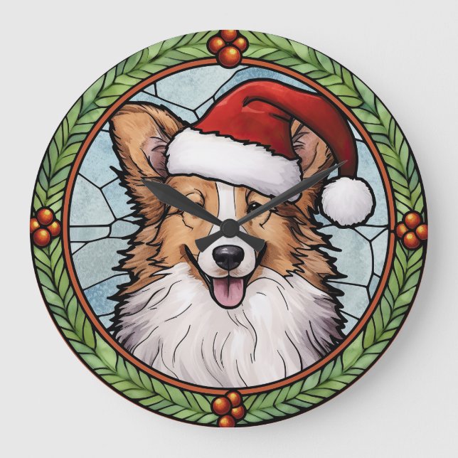 Shetland Sheepdog Glasmosaik Jul Stor Klocka (Framsida)