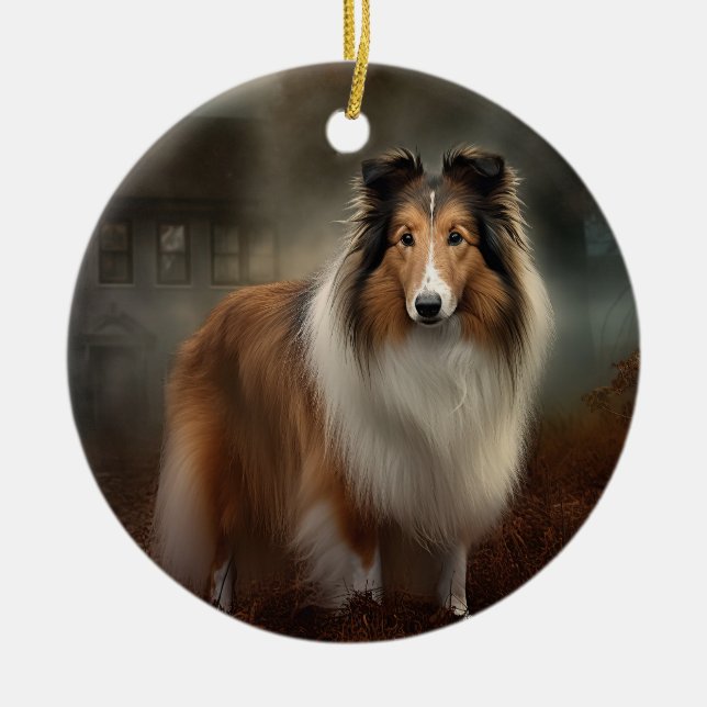 Shetland Sheepdog Halloween Scary Julgransprydnad Keramik (Framsidan)