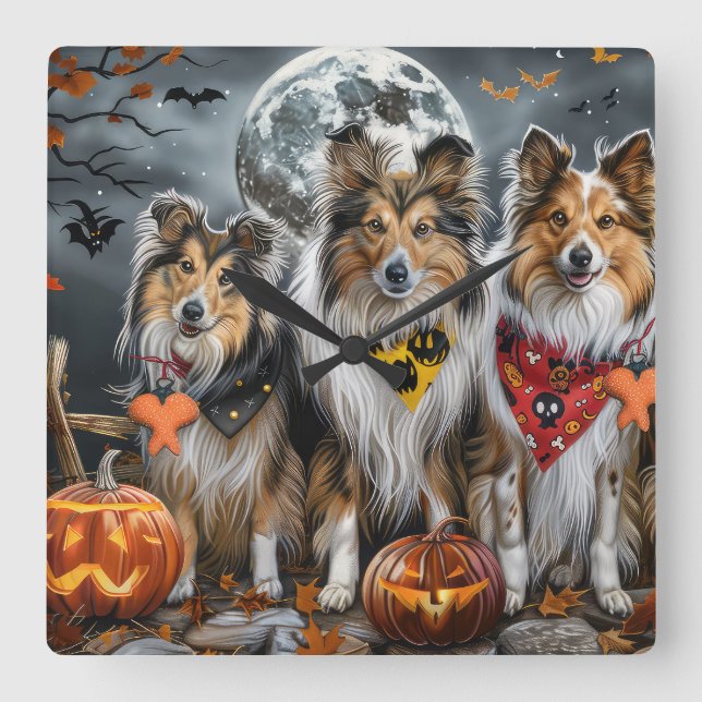 Shetland Sheepdog Halloween Spooky Fyrkantig Klocka (Framsida)