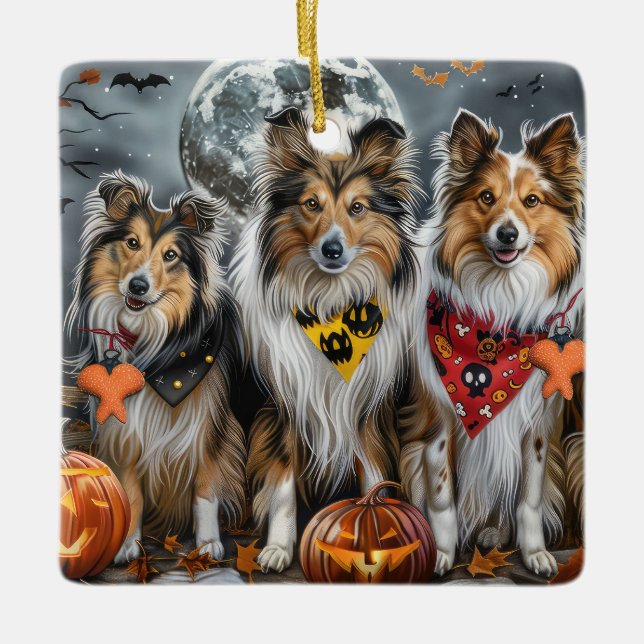 Shetland Sheepdog Halloween Spooky Julgransprydnad Keramik (Framsida)