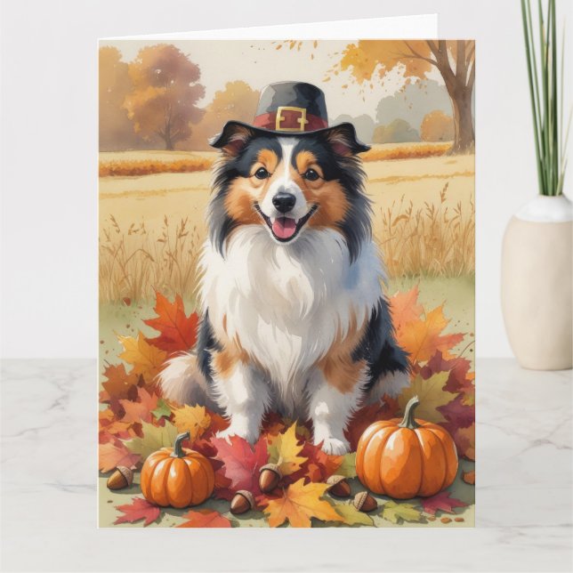 Shetland Sheepdog Höst löv Thanksgiving Art Kort (Framsida)