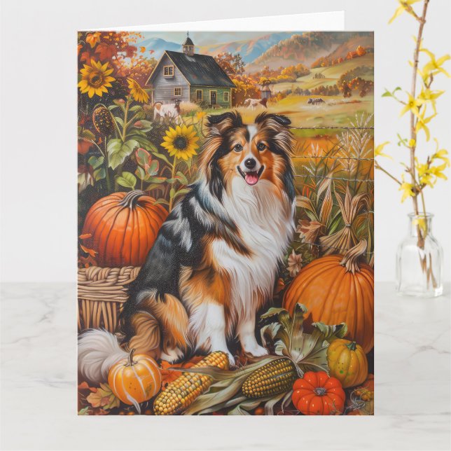 Shetland Sheepdog Höstskörd Thanksgiving Kort (Gul blomma)