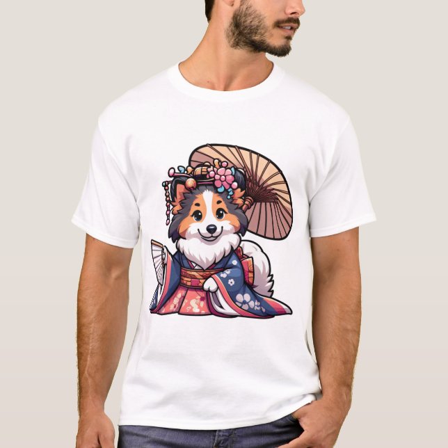 Shetland Sheepdog Hund Kimono   T Shirt (Framsida)
