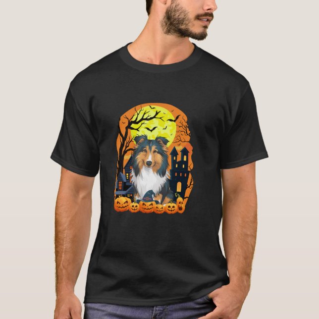 Shetland Sheepdog Hund with Pumpkins Scary Hallowe T Shirt (Framsida)