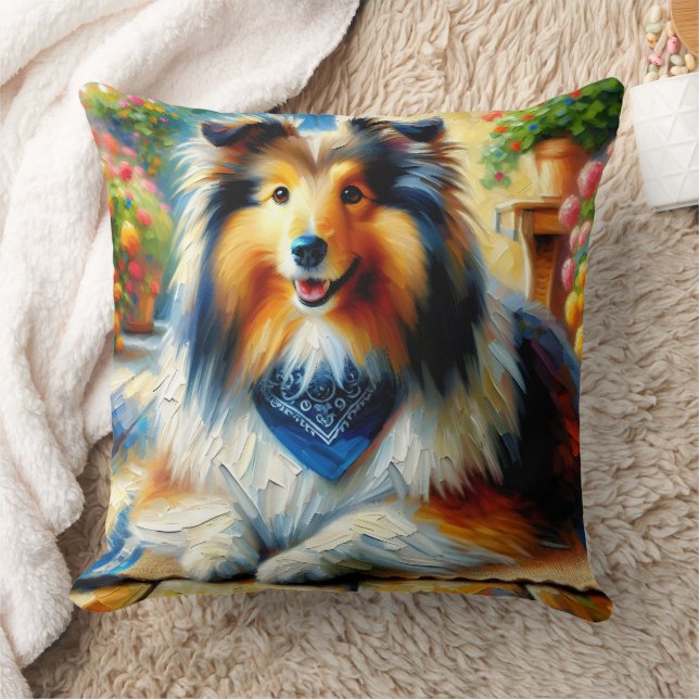 Shetland Sheepdog i Cottage Garden Scene Kudde (Filt)