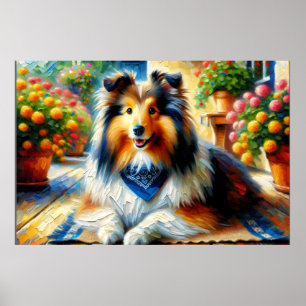 Shetland Sheepdog i Cottage Garden Scene Poster