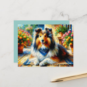 Shetland Sheepdog i Cottage Garden Scene Vykort