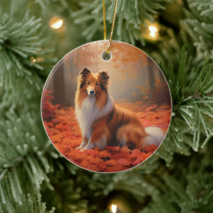 Shetland Sheepdog i Höst löv Fall Inspire Julgransprydnad Keramik